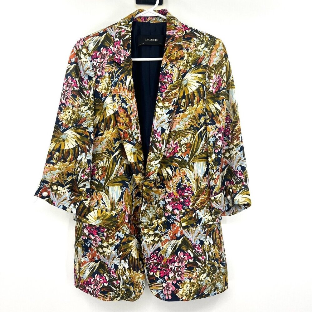 Zara Basic Navy All Over Floral Print Silky 3/4 Sleeve Open Blazer Women Medium